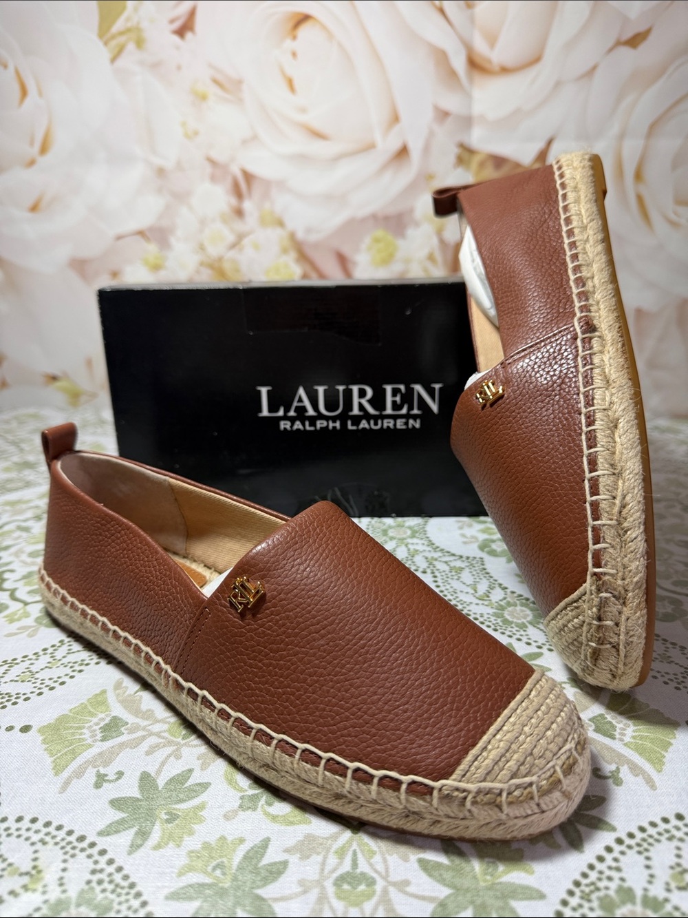 New+ box Lauren Ralph Lauren Brown Leather Espadrille Slip-On Loafers size 6B